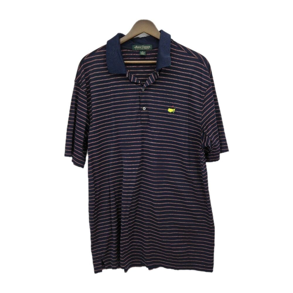 Amen Corner Mens Large Masters Golf Polo Shirt Pima Cotton Navy Red Stripes